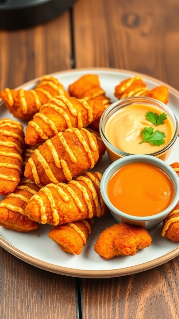 Crispy air fryer chicken fingers served with dipping sauce on a rustic table.
